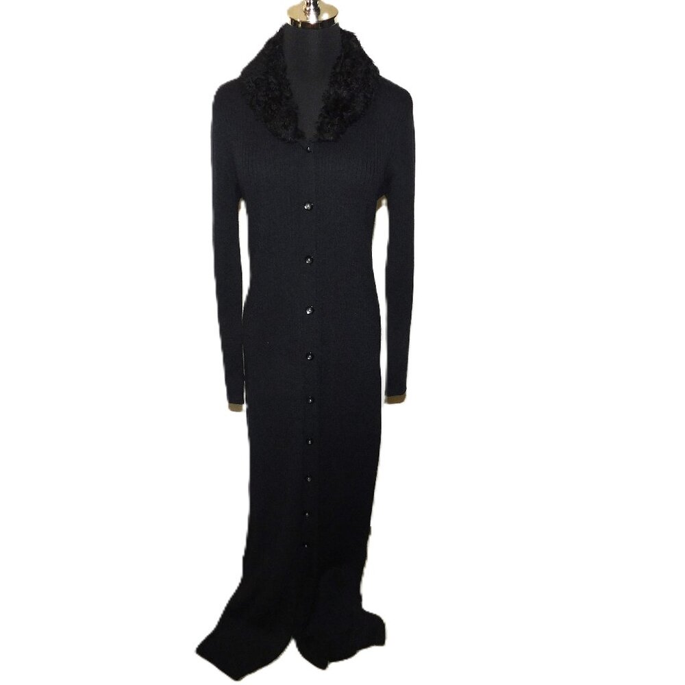 Frenchi Long Black Button Up Sweater 70% Lambswool Size Small Vintage
